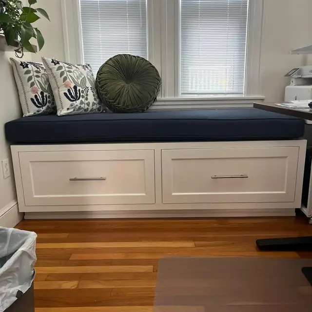 Built-in window seat with drawers and cushion in Quincy, MA